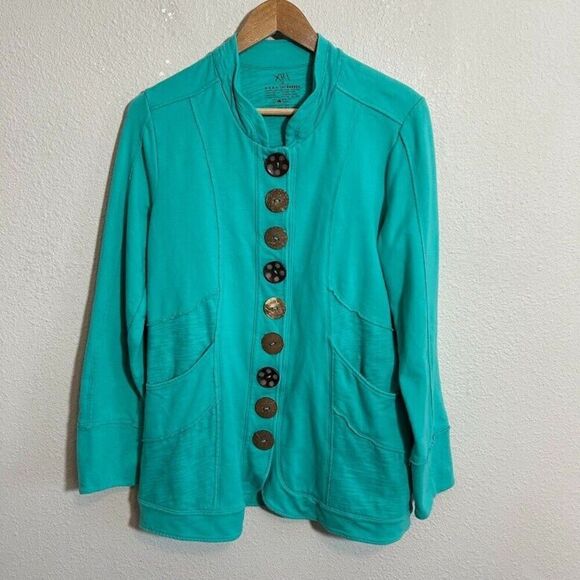 Neon Buddha Big Button Sweater Jacket S Teal Seafoam Blue Pockets - Picture 2 of 8